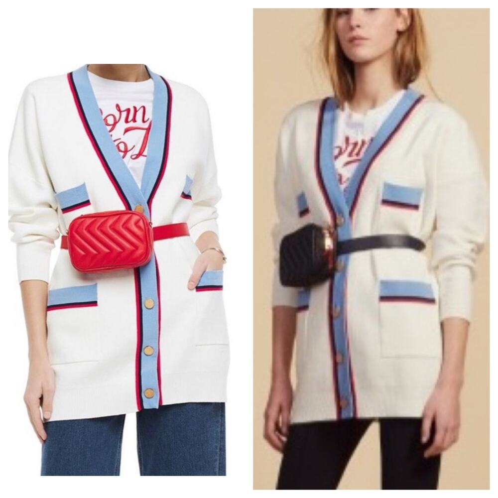 Sandro Paris Judith Contrast Button Heavy Oversized Off Write Cardigan‎ Sz2/Med